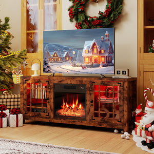 58" Fireplace TV Stand with LED Lights and 18" Electric Fireplace-Rustic Brown