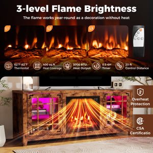 58" Fireplace TV Stand with LED Lights and 18" Electric Fireplace-Rustic Brown