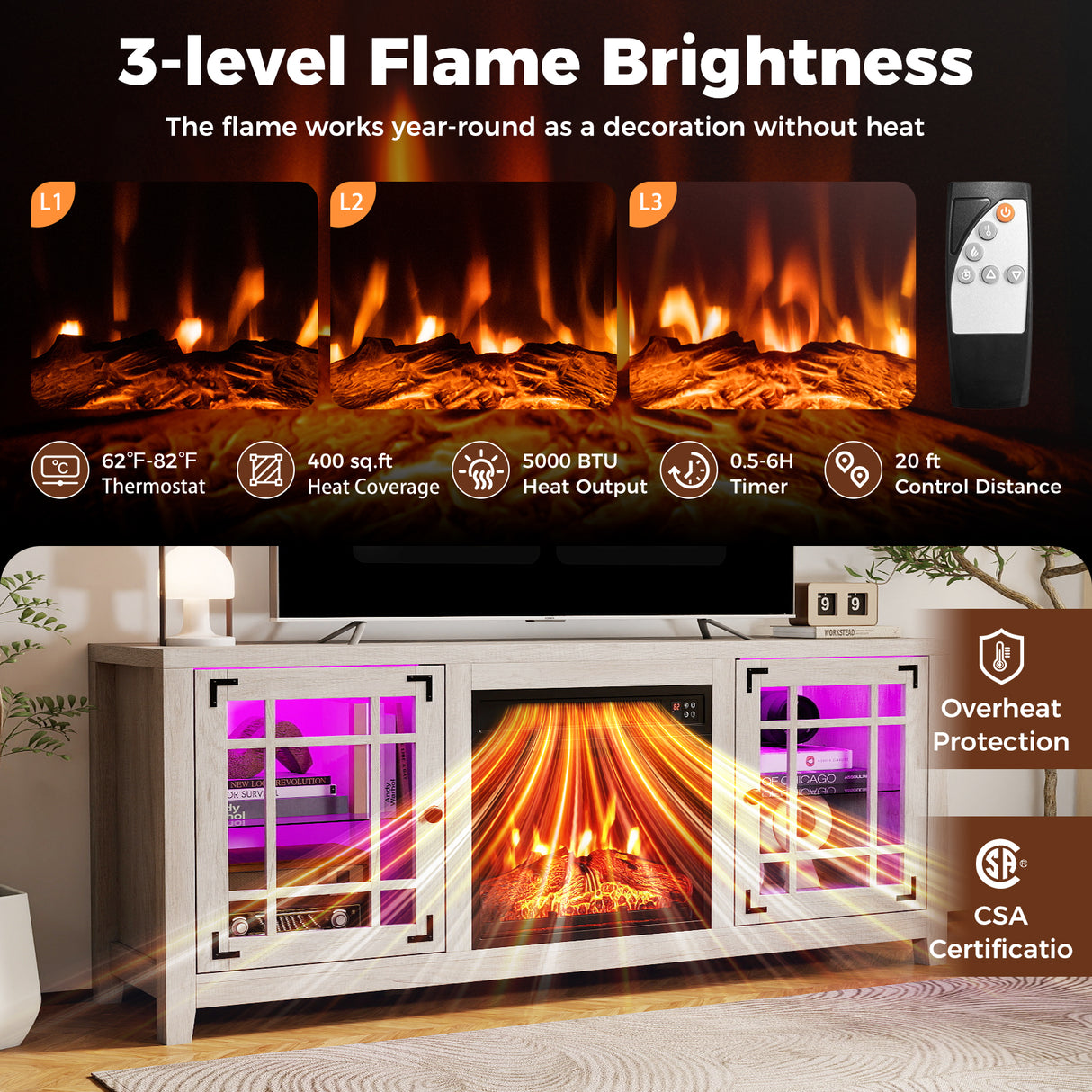 58" Fireplace TV Stand with LED Lights and 18" Electric Fireplace-Natural