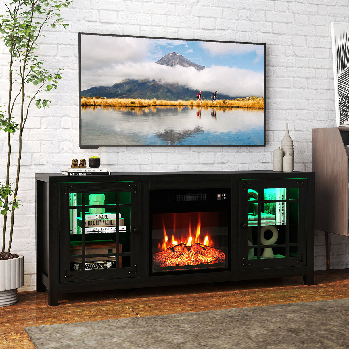 58" Fireplace TV Stand with LED Lights and 18" Electric Fireplace-Black