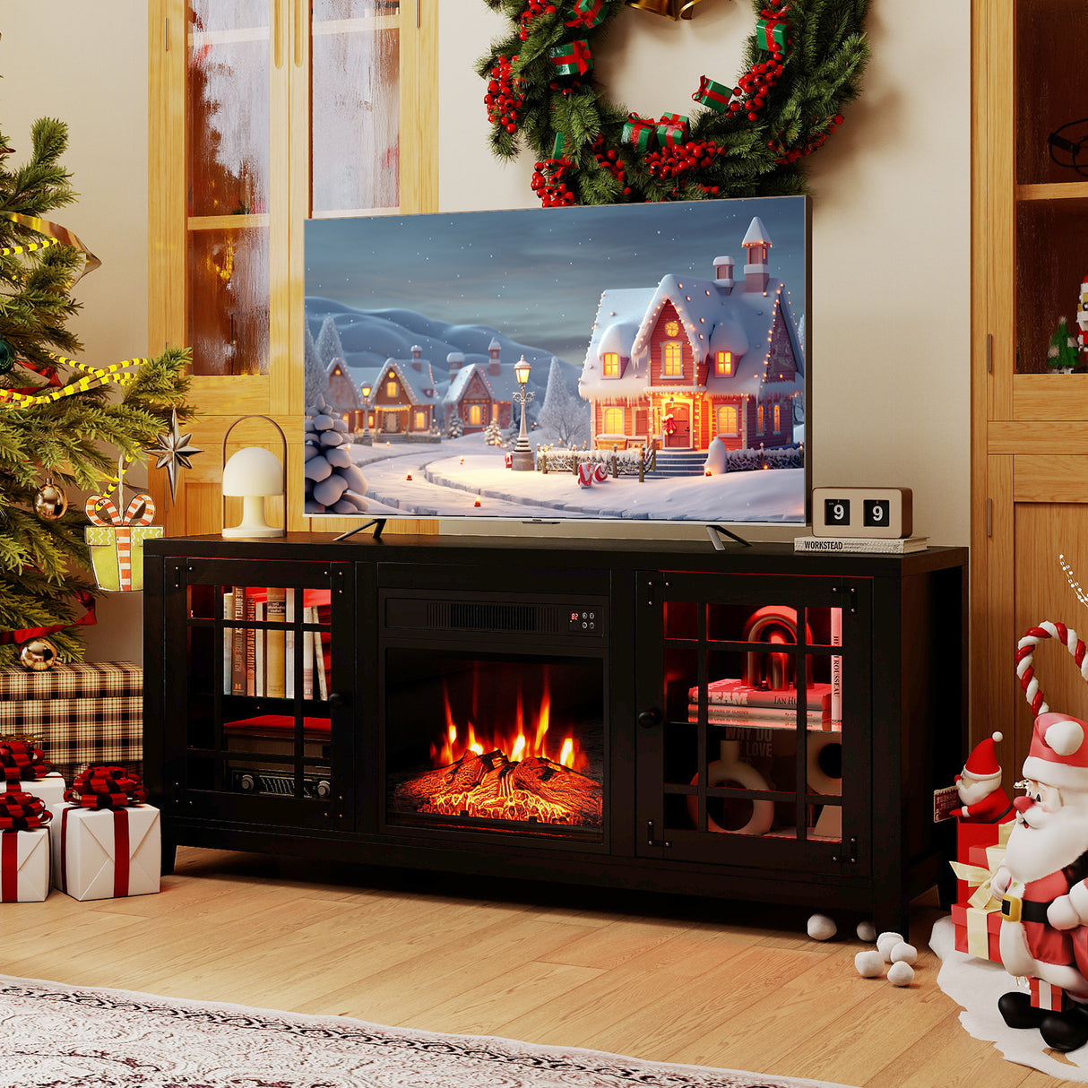 58" Fireplace TV Stand with LED Lights and 18" Electric Fireplace-Black