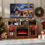 58 Inch Fireplace TV Stand with LED Lights with Storage Cabinets and Glass Doors-Rustic Brown