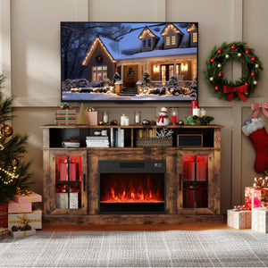58 Inch Fireplace TV Stand with LED Lights with Storage Cabinets and Glass Doors-Rustic Brown
