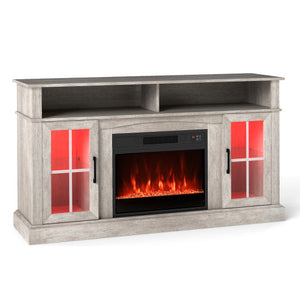 58 Inch Fireplace TV Stand with LED Lights with Storage Cabinets and Glass Doors-Gray