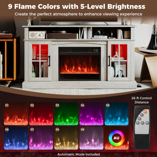 58 Inch Fireplace TV Stand with LED Lights with Storage Cabinets and Glass Doors-Rustic Brown