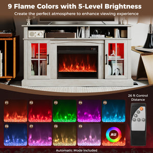 58 Inch Fireplace TV Stand with LED Lights with Storage Cabinets and Glass Doors-Gray