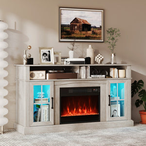 58 Inch Fireplace TV Stand with LED Lights with Storage Cabinets and Glass Doors-Gray