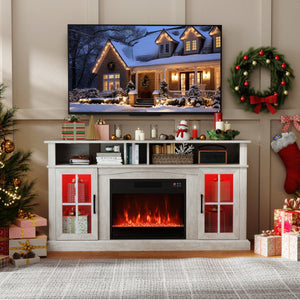 58 Inch Fireplace TV Stand with LED Lights with Storage Cabinets and Glass Doors-Gray