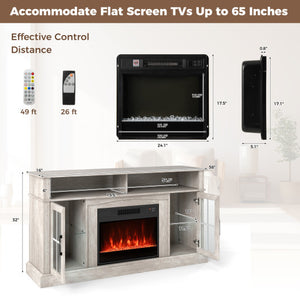 58 Inch Fireplace TV Stand with LED Lights with Storage Cabinets and Glass Doors-Gray