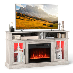 58 Inch Fireplace TV Stand with LED Lights with Storage Cabinets and Glass Doors-Gray