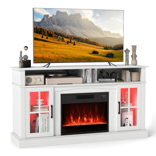 58 Inch Fireplace TV Stand with LED Lights with Storage Cabinets and Glass Doors-White