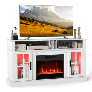58 Inch Fireplace TV Stand with LED Lights with Storage Cabinets and Glass Doors-White