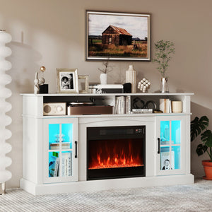 58 Inch Fireplace TV Stand with LED Lights with Storage Cabinets and Glass Doors-White