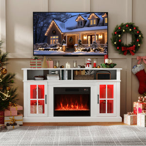 58 Inch Fireplace TV Stand with LED Lights with Storage Cabinets and Glass Doors-White