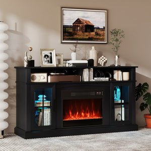 58 Inch Fireplace TV Stand with LED Lights with Storage Cabinets and Glass Doors-Black