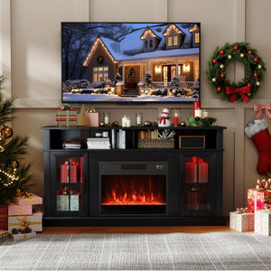 58 Inch Fireplace TV Stand with LED Lights with Storage Cabinets and Glass Doors-Black