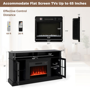 58 Inch Fireplace TV Stand with LED Lights with Storage Cabinets and Glass Doors-Black