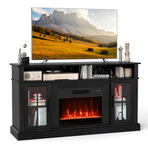 58 Inch Fireplace TV Stand with LED Lights with Storage Cabinets and Glass Doors-Black