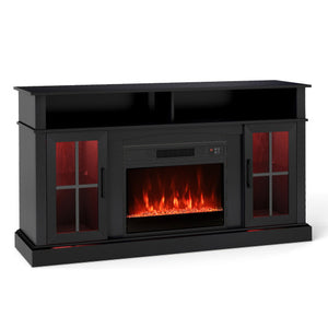 58 Inch Fireplace TV Stand with LED Lights with Storage Cabinets and Glass Doors-Black