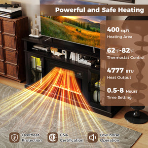 58 Inch Fireplace TV Stand with LED Lights with Storage Cabinets and Glass Doors-Black