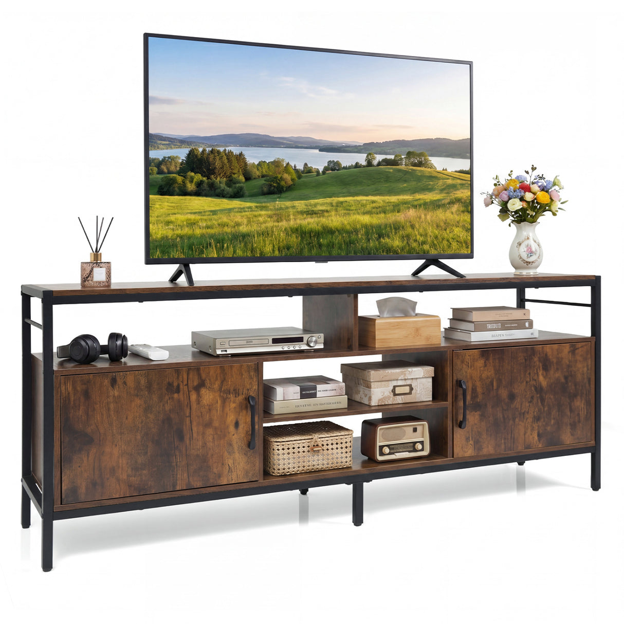 58 Inch Industrial TV Stand with Cabinets and Adjustable Shelf for TVs up to 65 Inch-Rustic Brwon