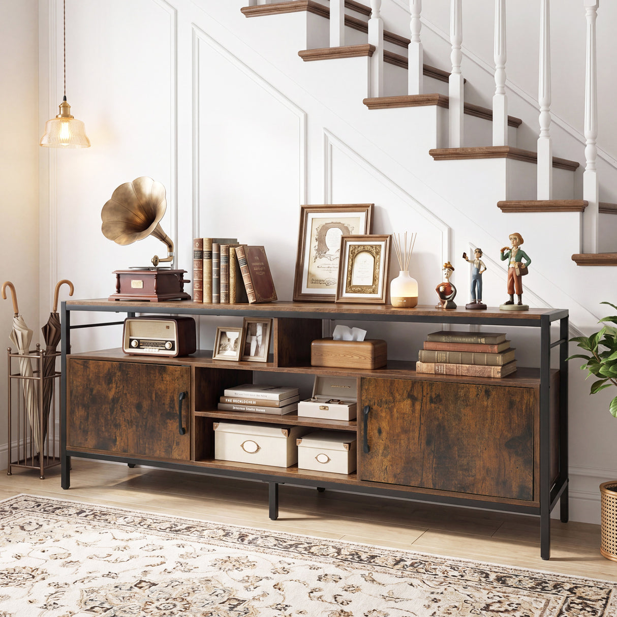58 Inch Industrial TV Stand with Cabinets and Adjustable Shelf for TVs up to 65 Inch-Rustic Brwon