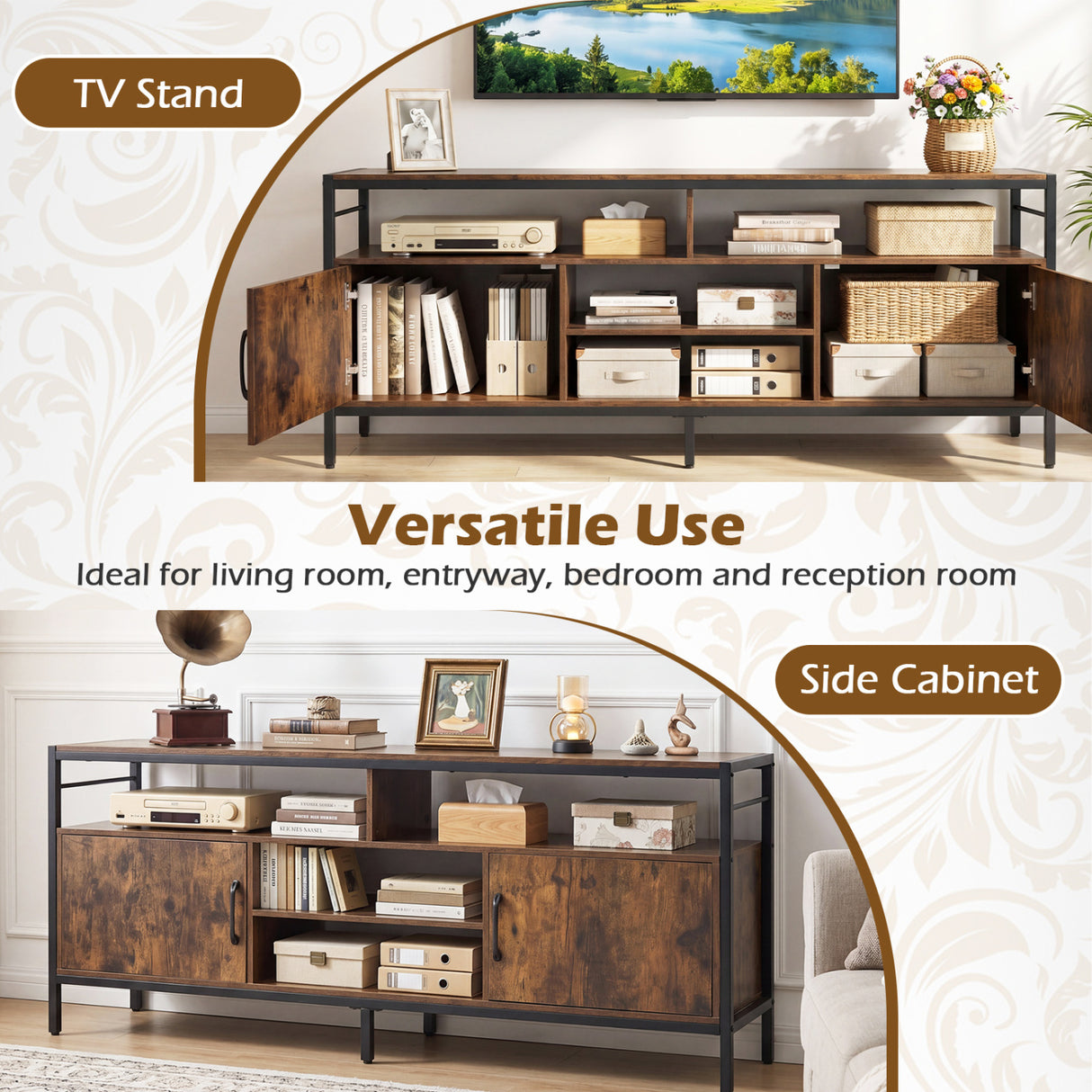 58 Inch Industrial TV Stand with Cabinets and Adjustable Shelf for TVs up to 65 Inch-Rustic Brwon