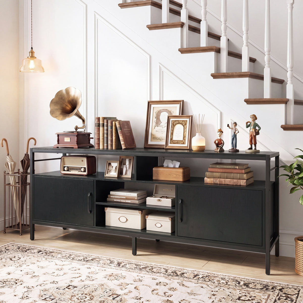 58 Inch Industrial TV Stand with Cabinets and Adjustable Shelf for TVs up to 65 Inch-Black