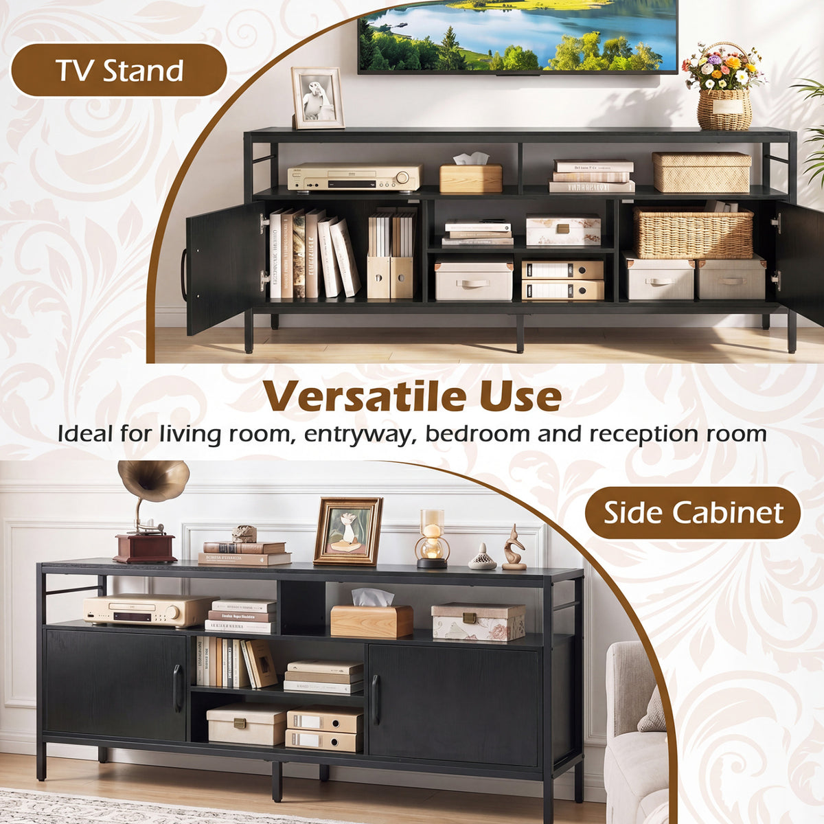 58 Inch Industrial TV Stand with Cabinets and Adjustable Shelf for TVs up to 65 Inch-Black