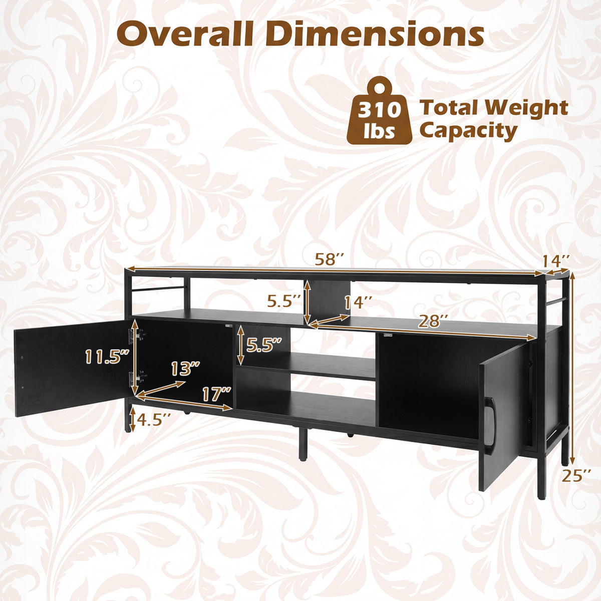 58 Inch Industrial TV Stand with Cabinets and Adjustable Shelf for TVs up to 65 Inch-Black