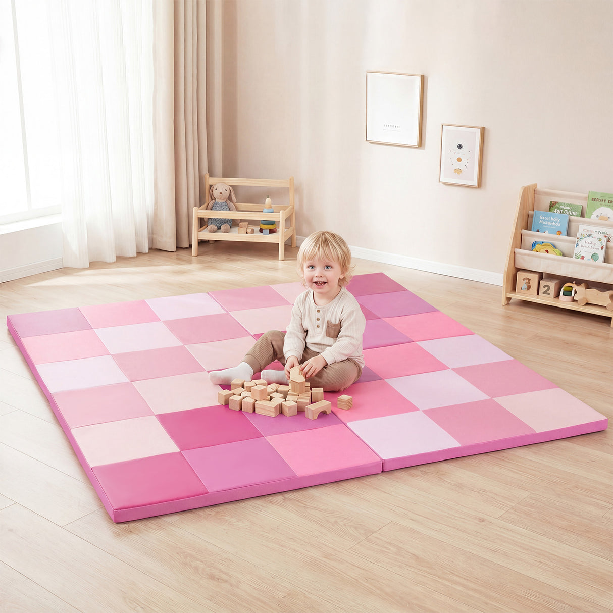 58 Inch Toddler Folding Activity Floor Mat Foam Baby Play Mat-Pink