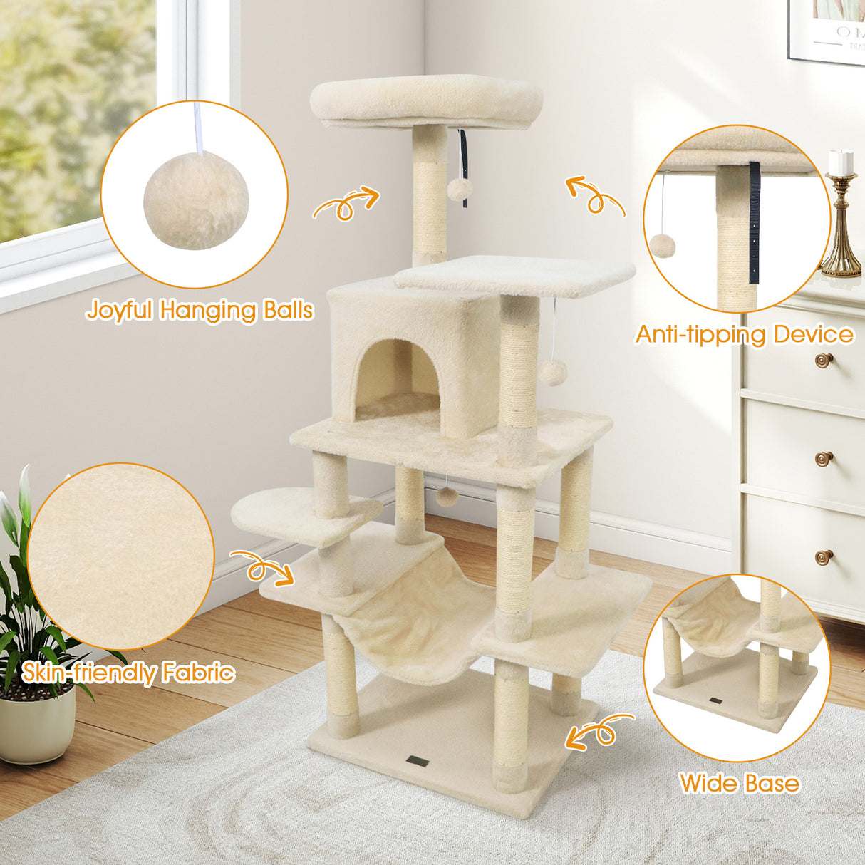 58" Multi-Level Cat Tree Soft Plush Cat Tower with Padded Top Perch-Beige