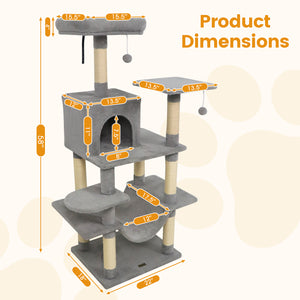 58" Multi-Level Cat Tree Soft Plush Cat Tower with Padded Top Perch-Light Gray
