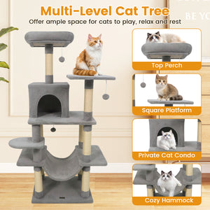 58" Multi-Level Cat Tree Soft Plush Cat Tower with Padded Top Perch-Light Gray