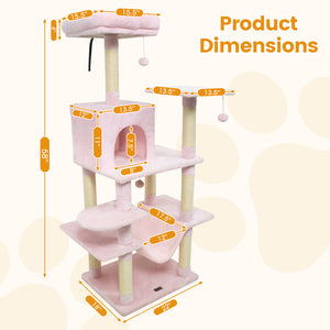 58" Multi-Level Cat Tree Soft Plush Cat Tower with Padded Top Perch-Pink