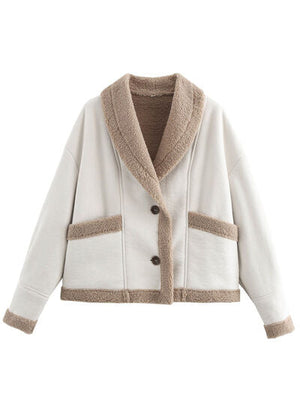 Fuzzy Collared Neck Long Sleeve Jacket with Buttoned Closure and Cozy Pockets