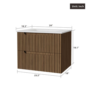 24" Wall Mount Bathroom Vanity Cabinet With - White Basin Sink Combo Floating - Walnut by Couch.com