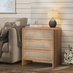 Rattan Nightstand Set of 2 with 3 Drawers in Caramel Oak
