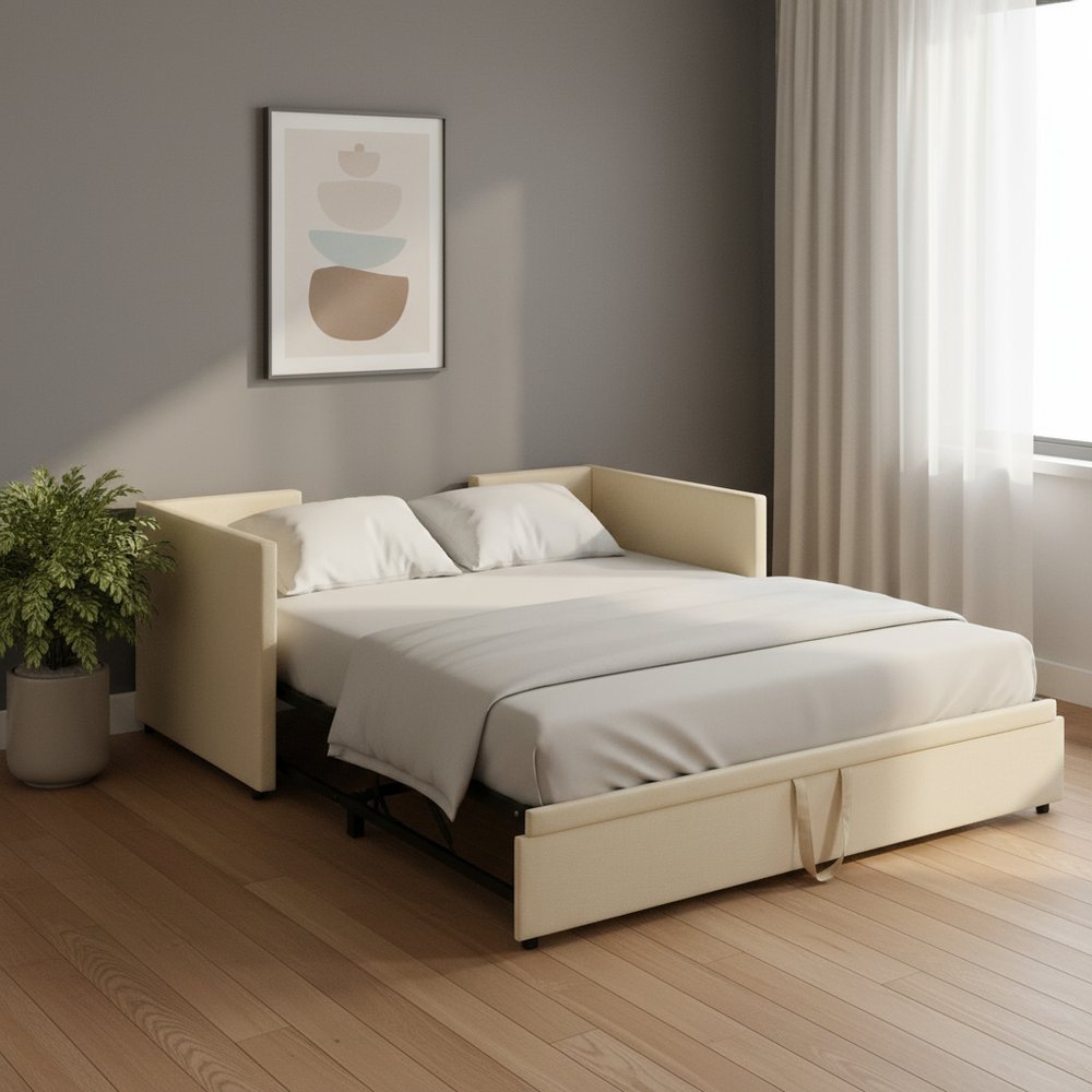 Beige Upholstered Twin Day Bed With Trundle