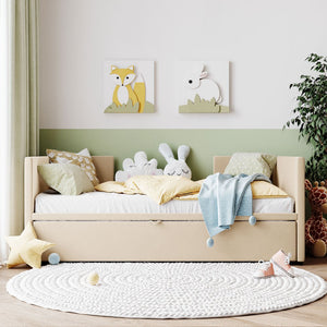 Beige Upholstered Twin Day Bed With Trundle