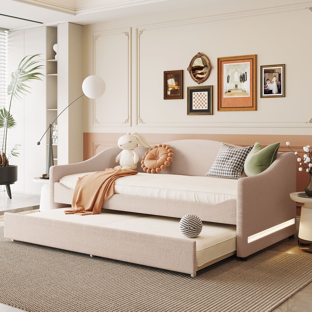 Beige Tufted Boucle Twin Day Bed With LED Lighting And Trundle And USB