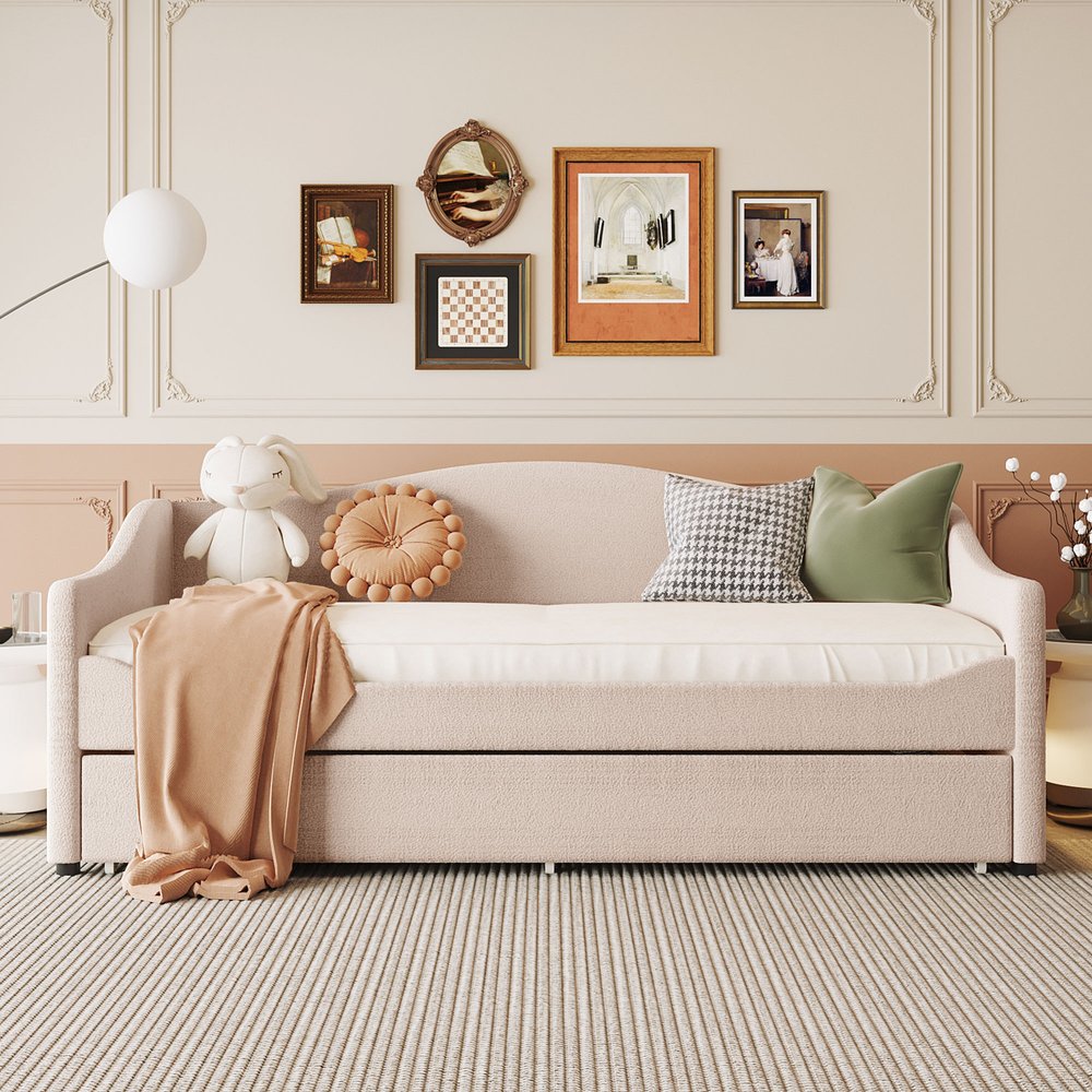 Beige Tufted Boucle Twin Day Bed With LED Lighting And Trundle And USB