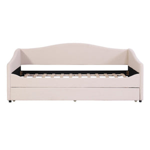 Beige Tufted Boucle Twin Day Bed With LED Lighting And Trundle And USB