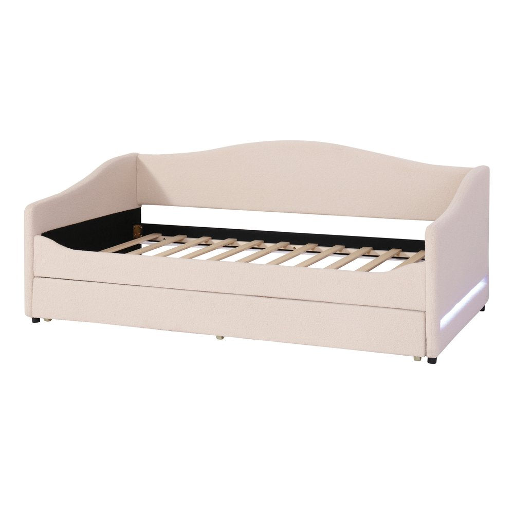 Beige Tufted Boucle Twin Day Bed With LED Lighting And Trundle And USB