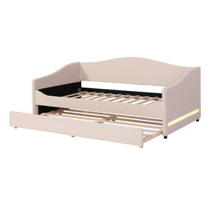 Beige Tufted Boucle Twin Day Bed With LED Lighting And Trundle And USB
