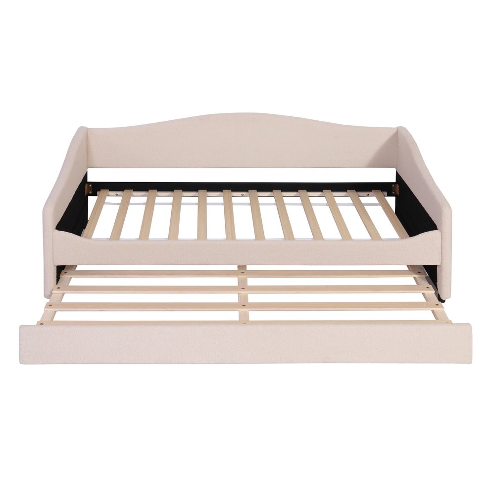 Beige Tufted Boucle Twin Day Bed With LED Lighting And Trundle And USB