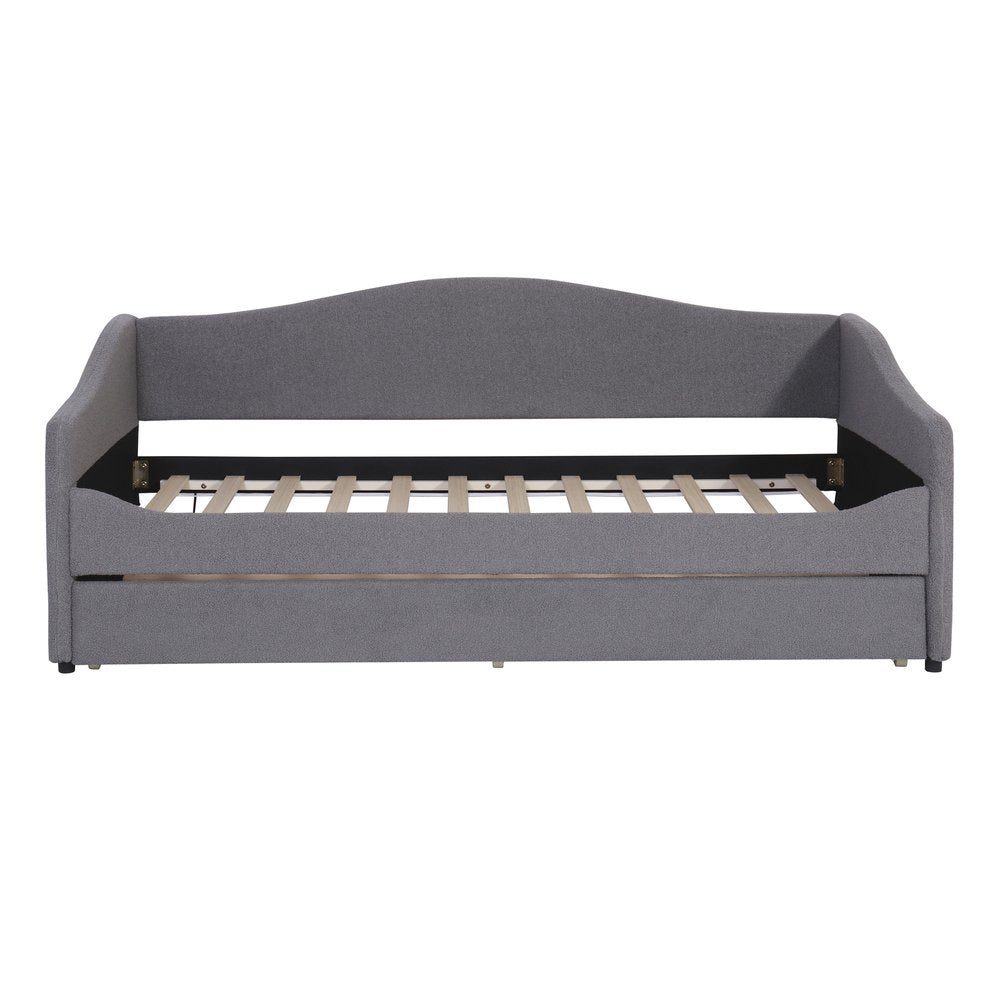 Gray Tufted Boucle Twin Day Bed With LED Lighting And Trundle And USB