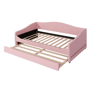 Pink Tufted Boucle Twin Day Bed With LED Lighting And Trundle And USB