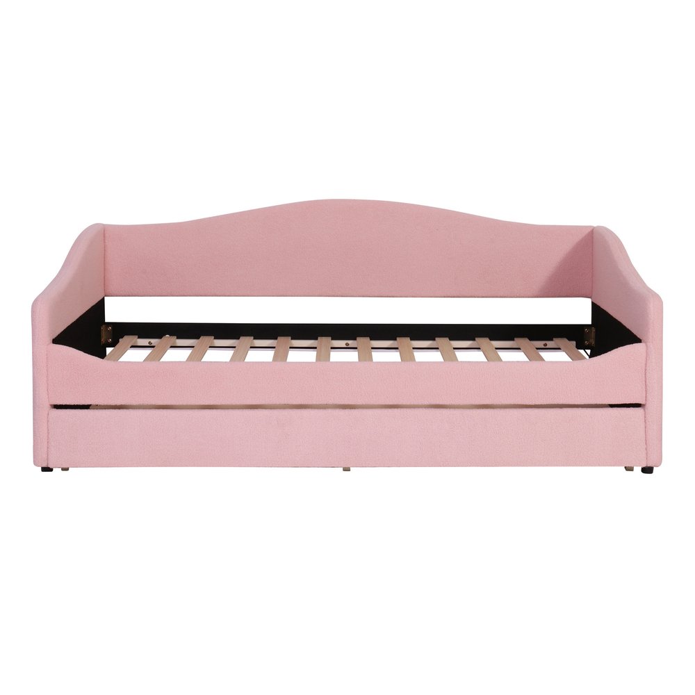 Pink Tufted Boucle Twin Day Bed With LED Lighting And Trundle And USB