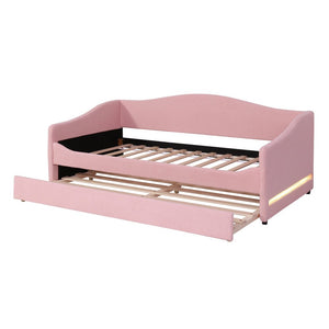 Pink Tufted Boucle Twin Day Bed With LED Lighting And Trundle And USB